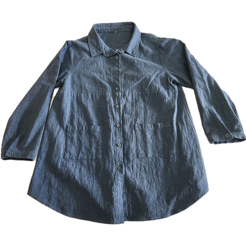 Minibee 100% Linen Lagenlook Coastal Beach Button Up Front Pockets Women SZ L